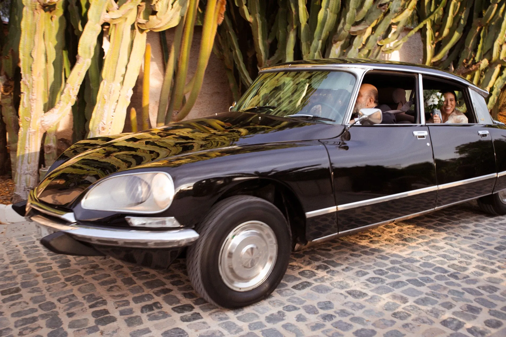 Coche clásico de boda aparcado entre cactus