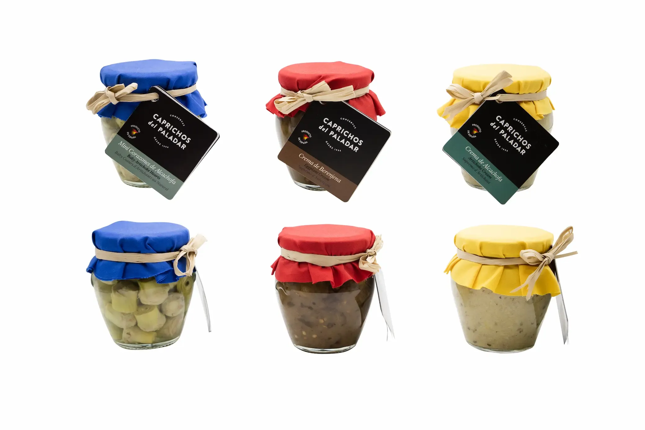 Tarros de conservas con tapas de colores, fotografía de producto